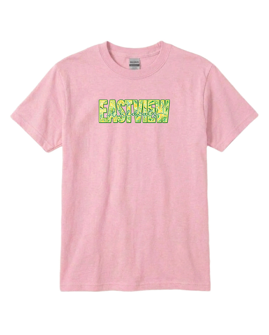 A pink t-shirt with the text "EASTVIEW" printed on it in a stylized font.