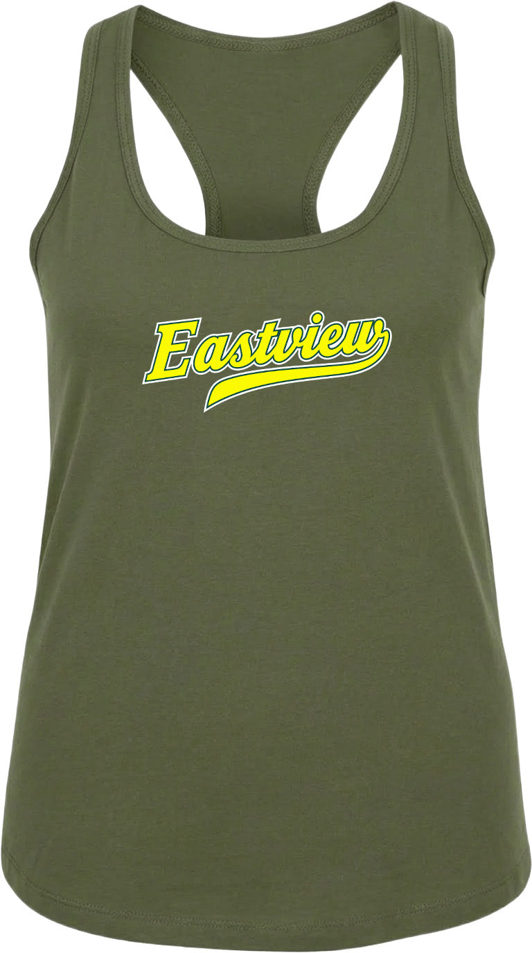 A green tank top with the word "Eastview" printed in yellow on it.