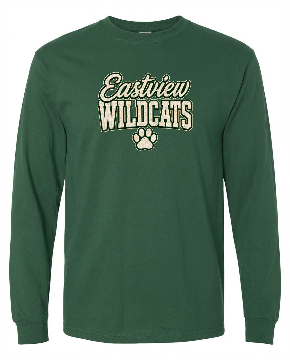 A green long-sleeved t-shirt with the text "Eastview Wildcats" printed on it.