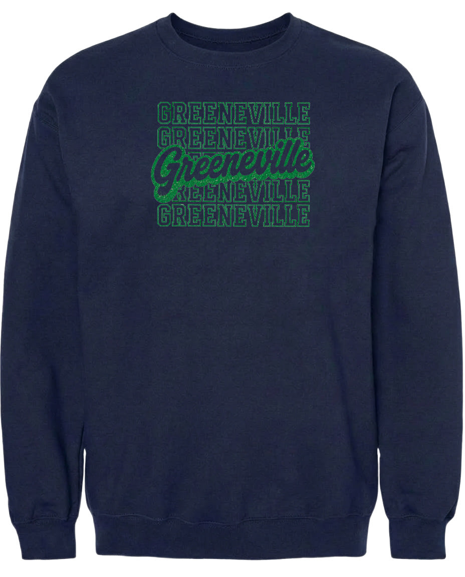 A navy blue sweatshirt with the text "Greenville" printed in green on the front.