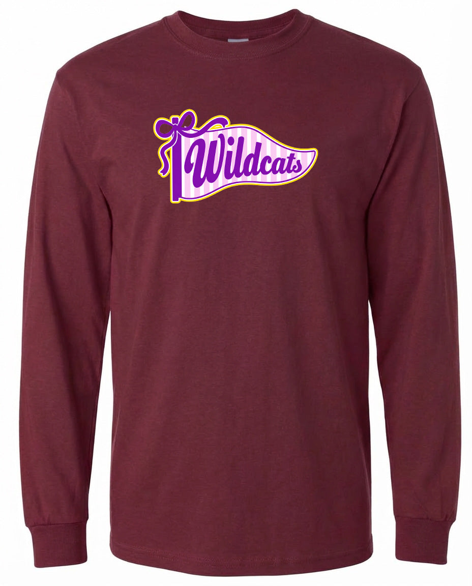 A burgundy long-sleeved t-shirt with a graphic design featuring the word "Wildcats" in purple and yellow colors.