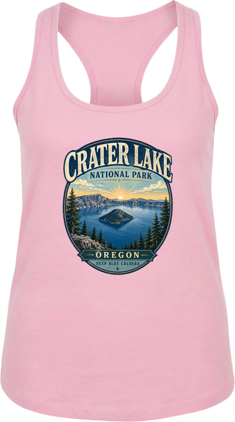 A pink tank top with a graphic design depicting Crater Lake National Park in Oregon.
