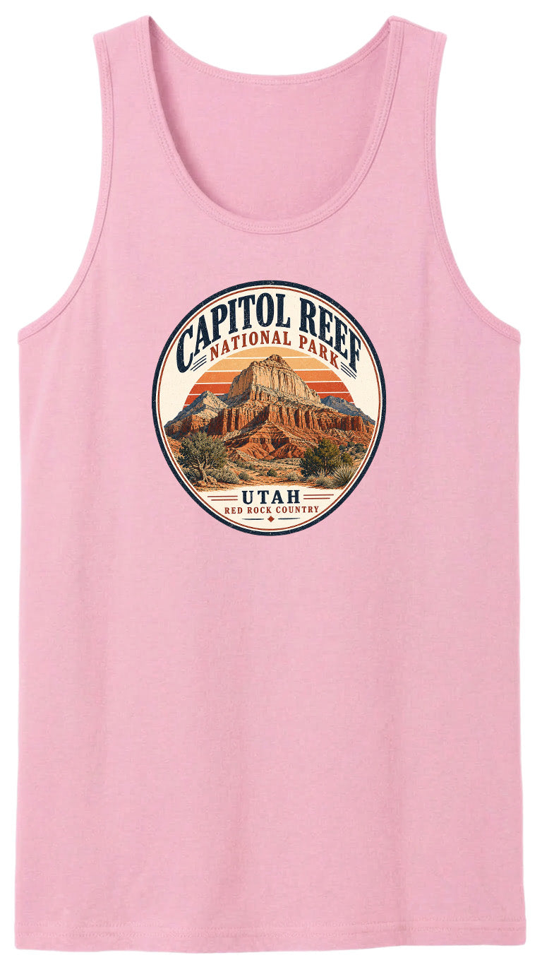 A pink tank top with a circular design featuring the Capitol Reef National Park in Utah.