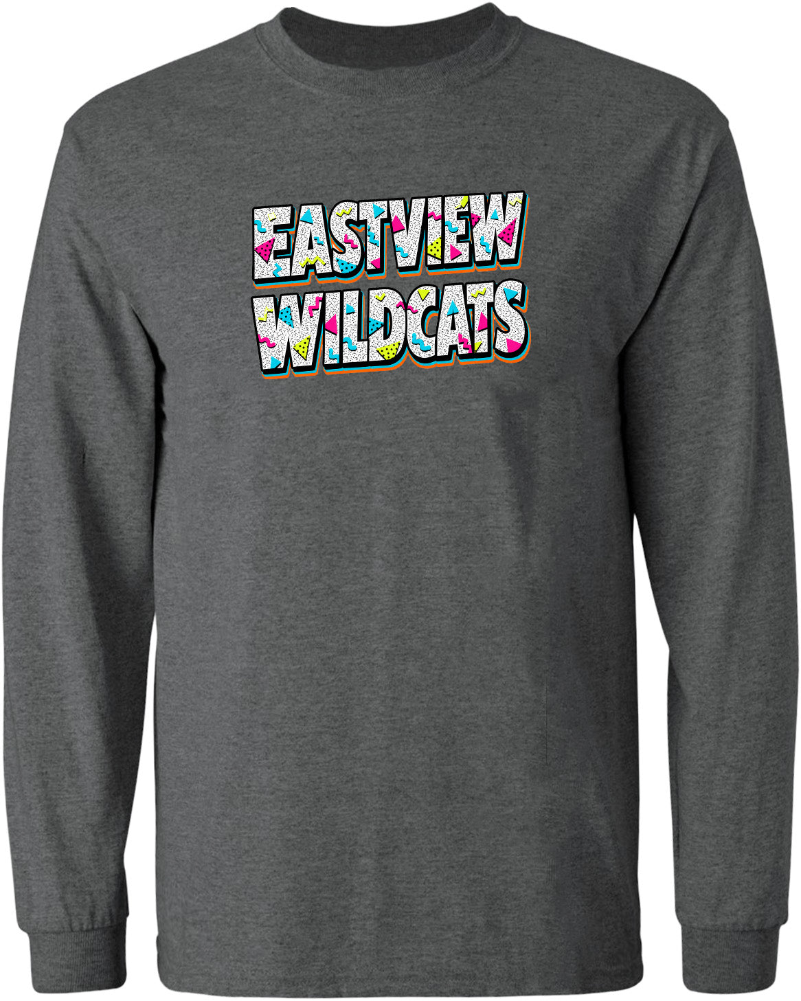 A gray long-sleeved shirt with the text "EASTVIEW WILDCATS" printed on it in a colorful, stylized font.
