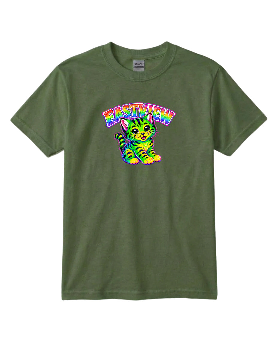 A green t-shirt with a colorful graphic of a cat and the text "EASTVIEW" printed on it.