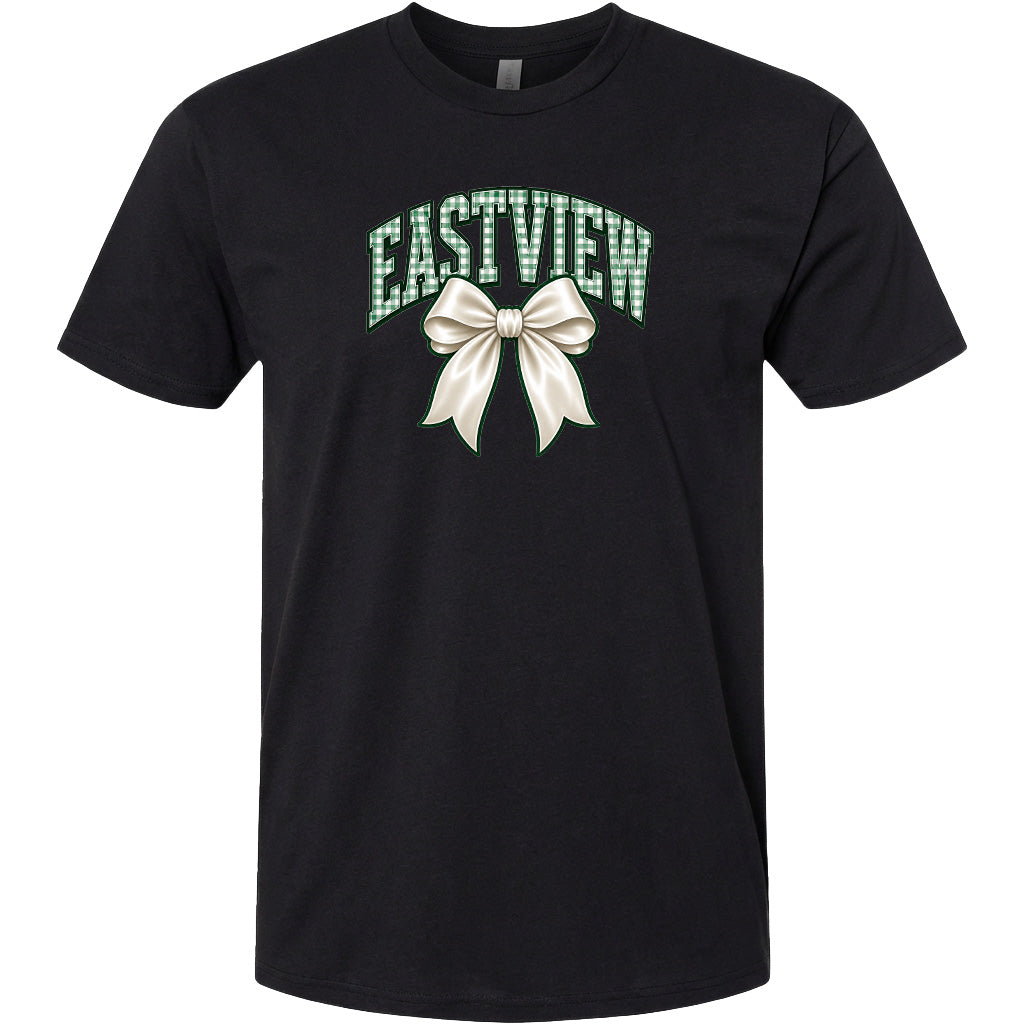 A black t-shirt with a graphic design featuring a white bow and the word "EASTVIEW" written in green.