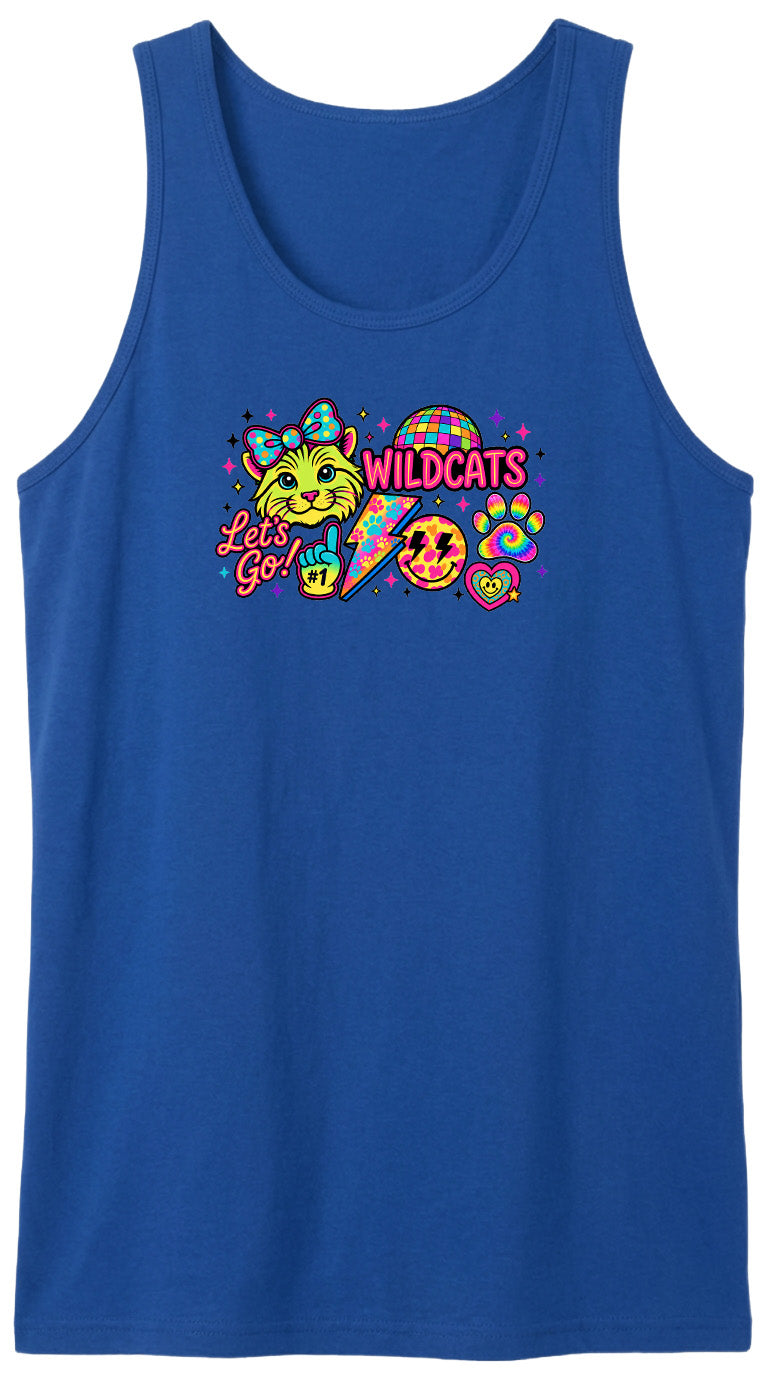 A blue tank top with a colorful graphic design featuring a cartoon cat, a lightning bolt, and the text "Let's Go! Wildcats" along with a smiley face.