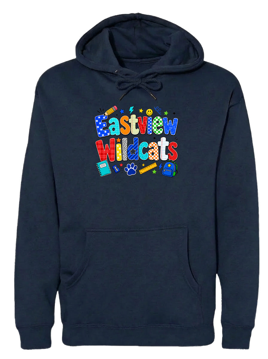 A navy blue hoodie with a colorful graphic design featuring the text "Eastview Wildcats" and various school-related icons such as a backpack, pencil, and book.