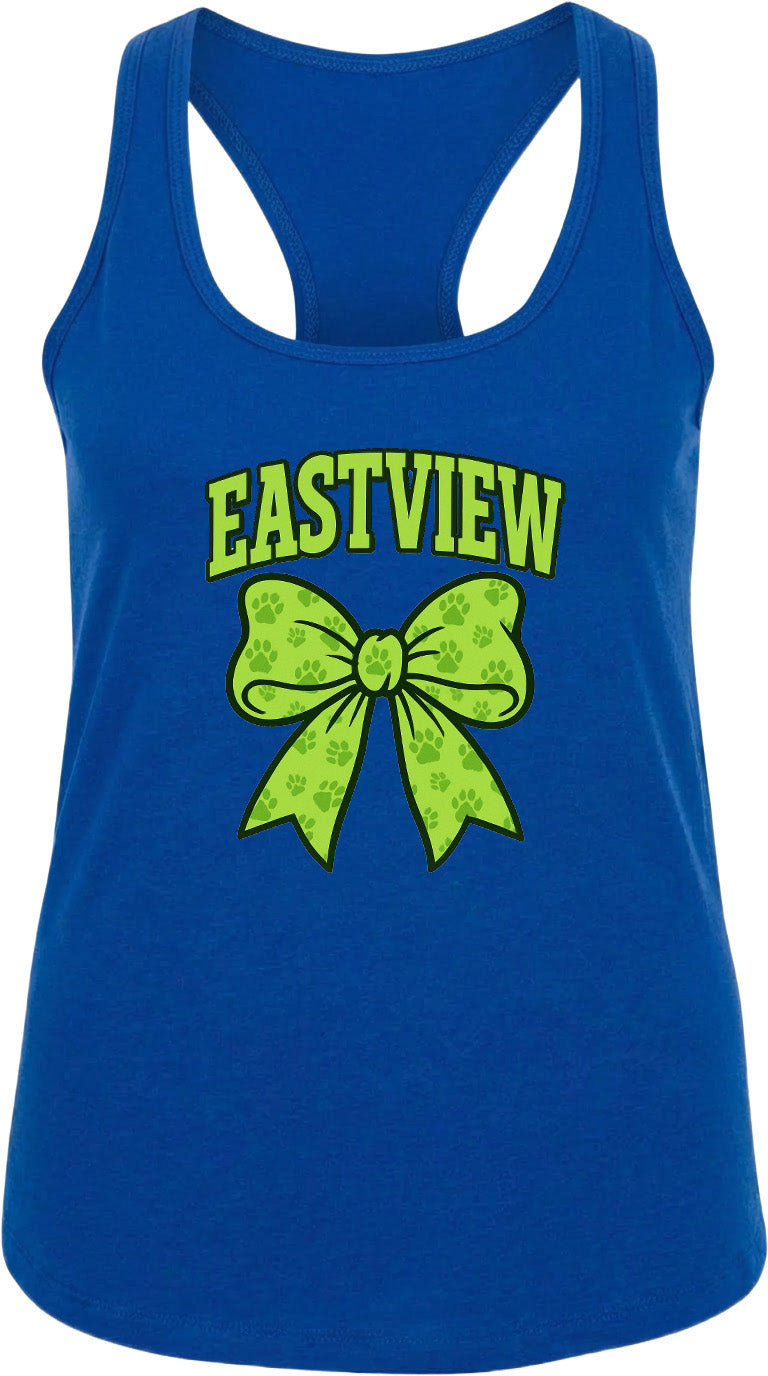 A blue tank top with a green bow and the word "EASTVIEW" printed on it.
