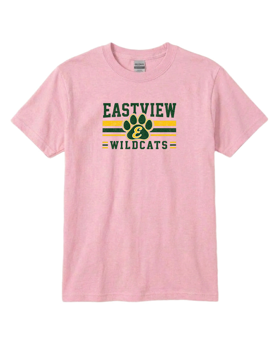 A pink t-shirt with a graphic design featuring the text "EASTVIEW WILDCATS" and a paw print symbol.