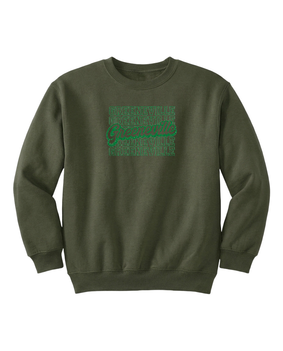 A dark green sweatshirt with a repeating pattern of the word "BRIGHT" in green text across the chest area.