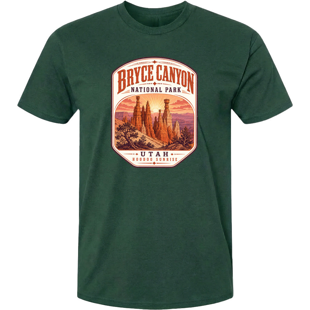 A green t-shirt with a graphic design depicting the Bryce Canyon National Park in Utah.