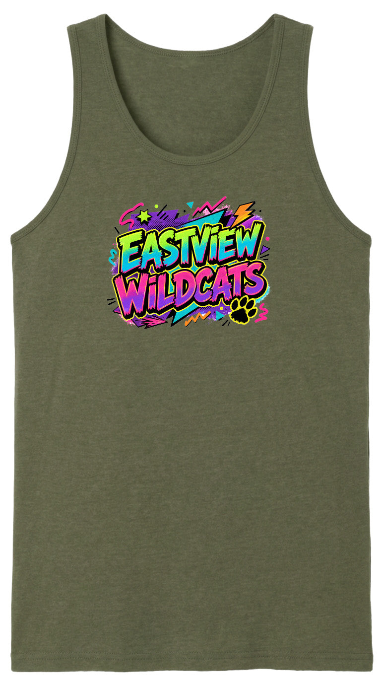 A green tank top with a colorful graphic design featuring the text "EASTVIEW WILDCATS" in a vibrant, neon-like style.