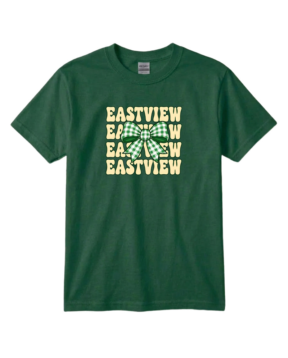 A green t-shirt with a graphic design featuring the text "EASTVIEW" in a stylized font, surrounded by a green and white checkered pattern.