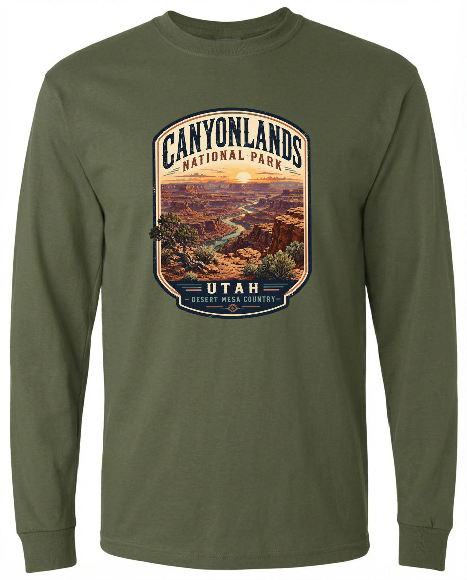 A long-sleeved green t-shirt with a graphic design depicting the scenic landscape of Canyonlands National Park in Utah.