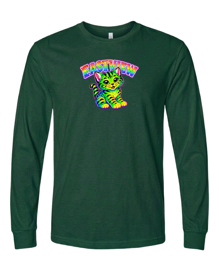 A long-sleeved green t-shirt with a colorful graphic of a cat and the text "EASTVIEW" printed on it.