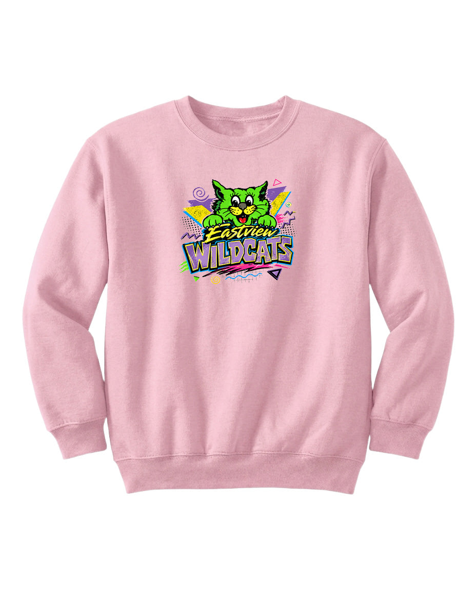 A pink sweatshirt with a graphic design featuring a cartoon cat and the text "Eastview Wildcats".