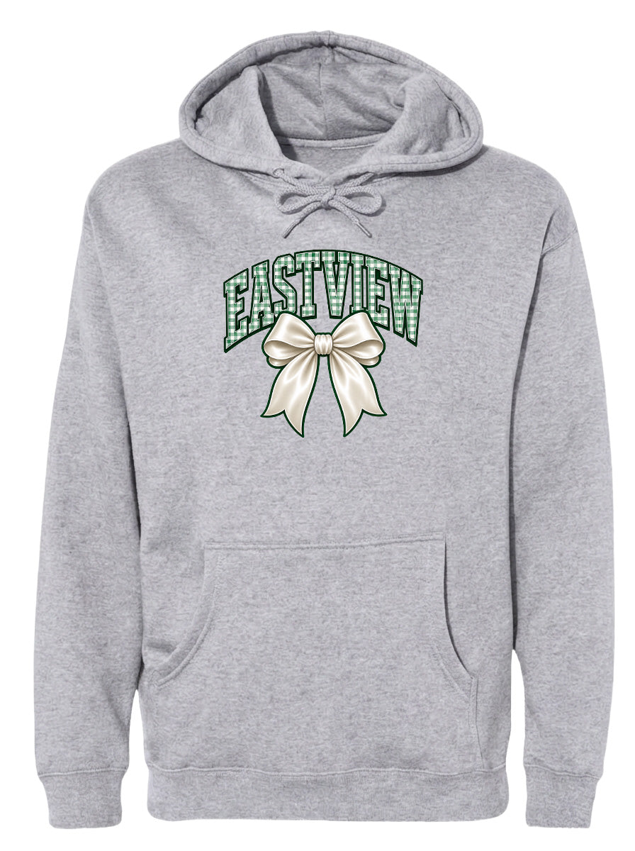 A gray hoodie with a green and white graphic design on the front, featuring a large bow.