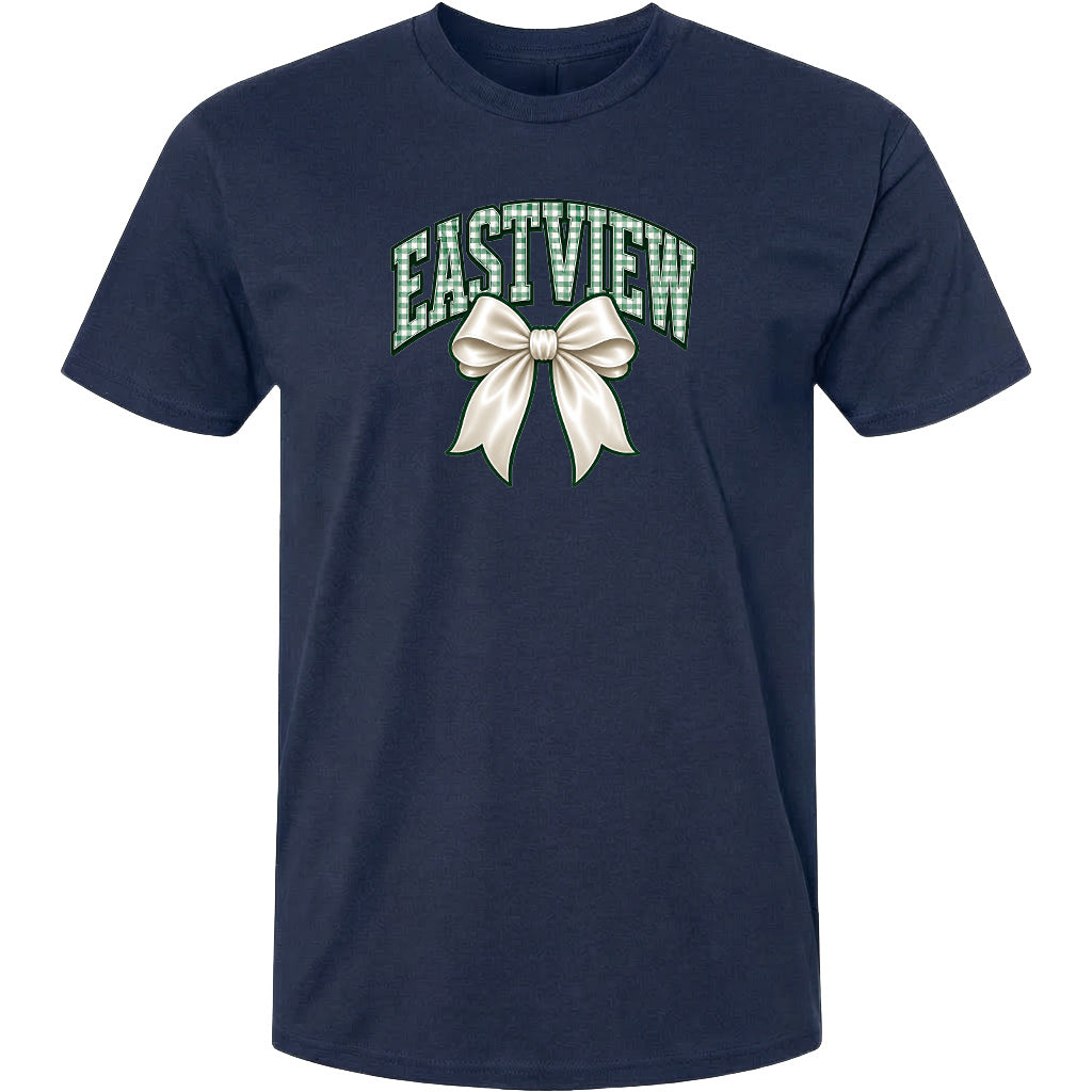 A navy blue t-shirt with a graphic design featuring a white bow and the word "EASTVIEW" written in green.