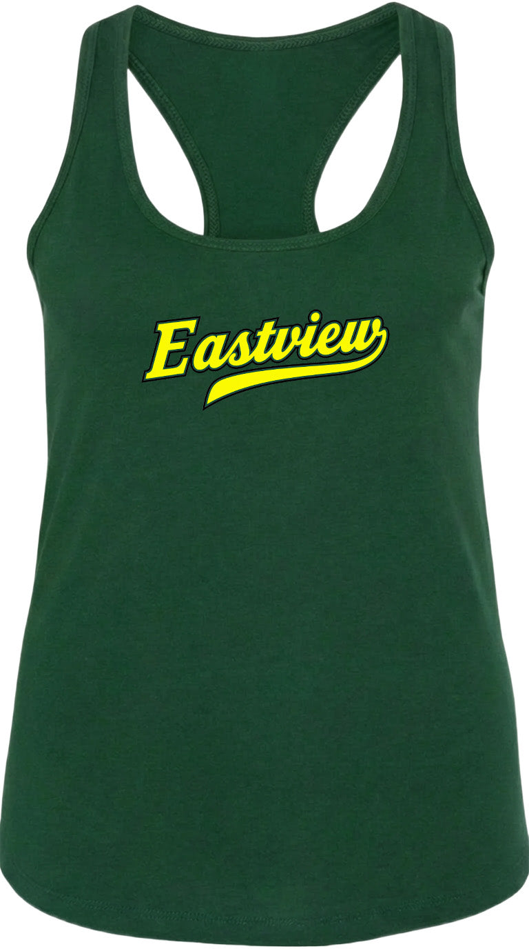 A green tank top with the word "Eastview" printed in yellow on it.