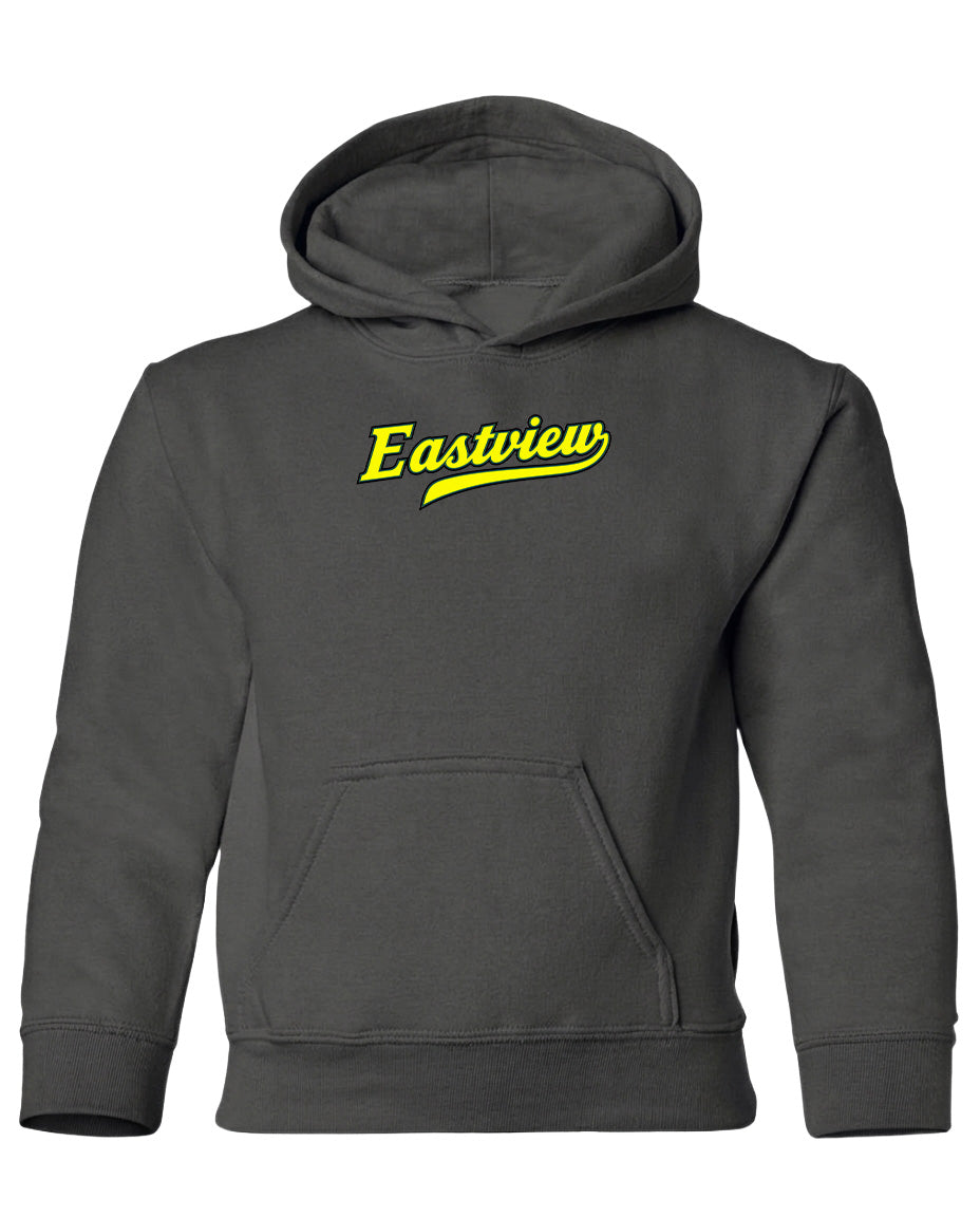 A gray hooded sweatshirt with the word "Eastview" printed in yellow on the front.