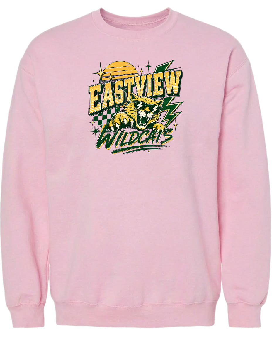 A pink sweatshirt with a graphic design featuring a tiger and the text "EASTVIEW WILDCATS".