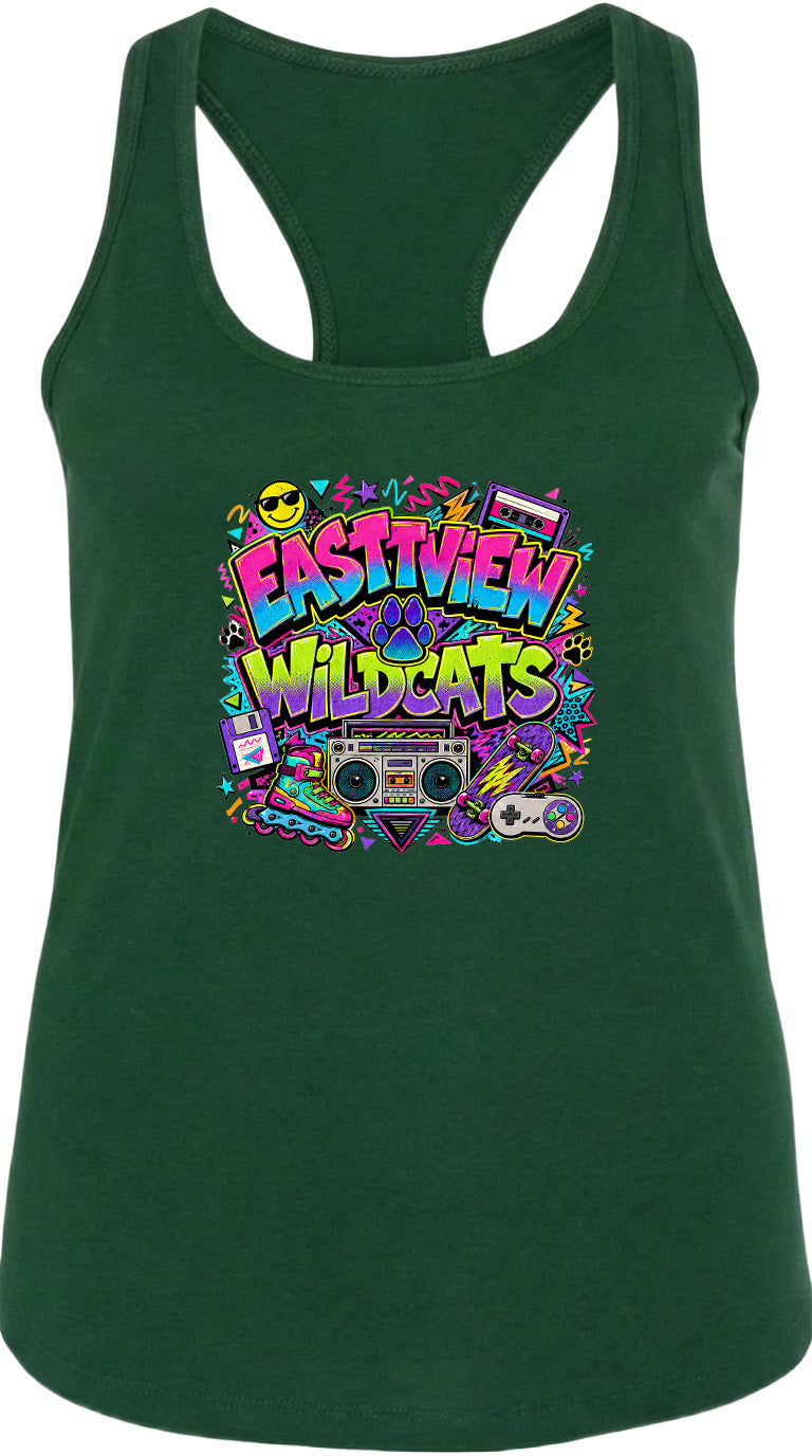 A green tank top with a colorful graphic design featuring a boombox, a skateboard, and various other objects, along with the text "EASTVIEW WILDCATS".