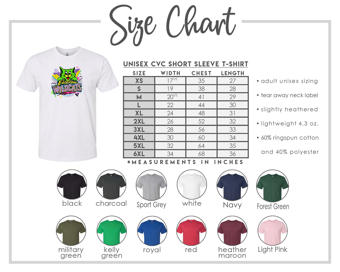The image is a size chart for a white short sleeve t-shirt, including various color options and corresponding measurements in inches.
