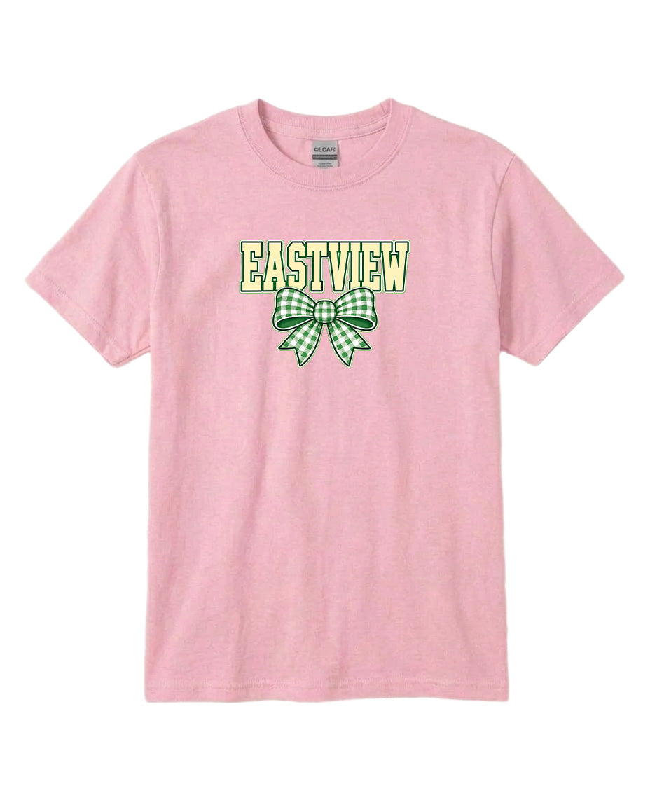 A pink t-shirt with a green and white bow graphic and the word "EASTVIEW" printed on it.