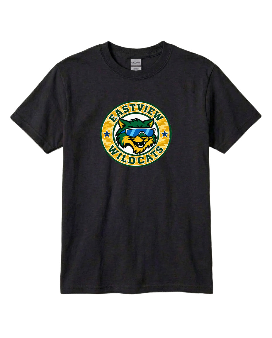 A black t-shirt with a graphic design featuring a cartoon-like wildcat wearing sunglasses and the text "EASTVIEW WILD CAT" printed on it.