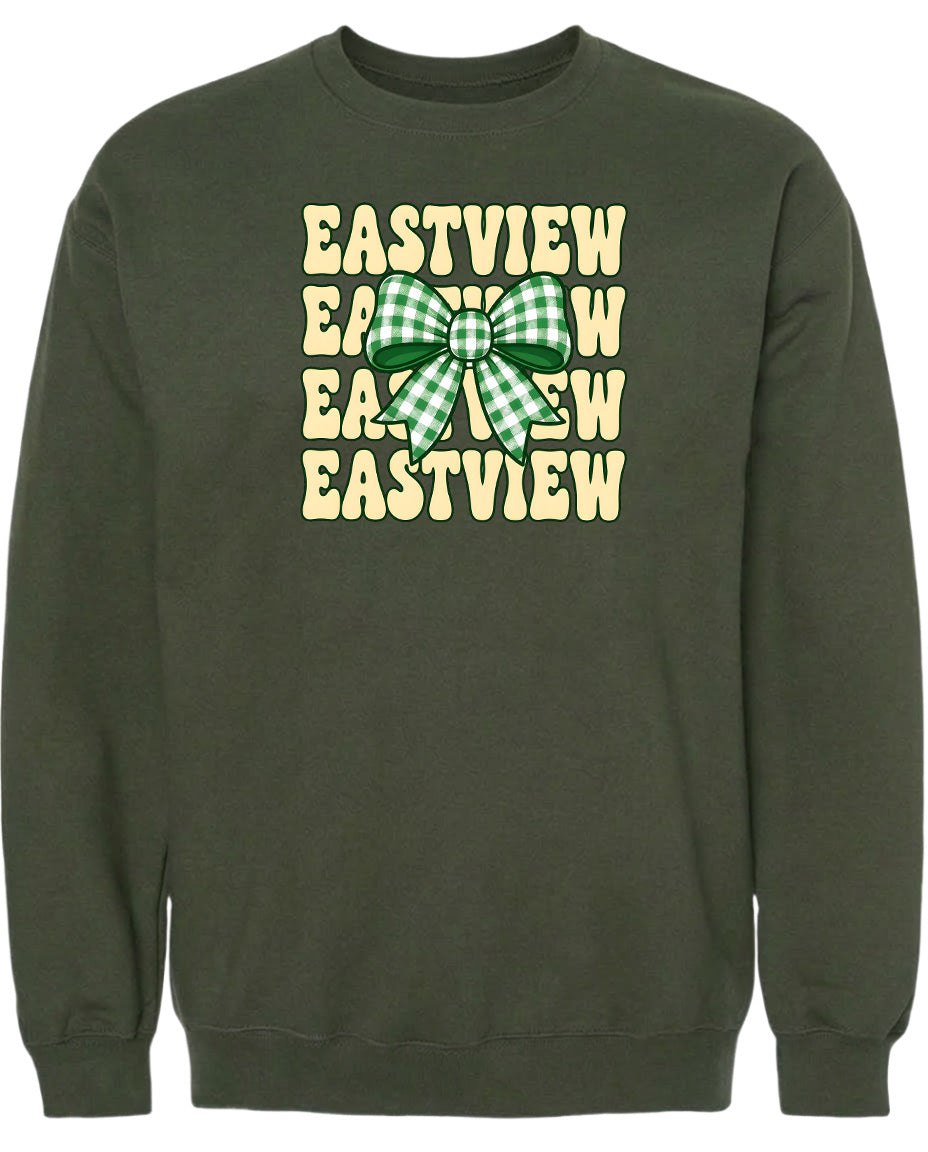 A dark green sweatshirt with a large green bow on the front.