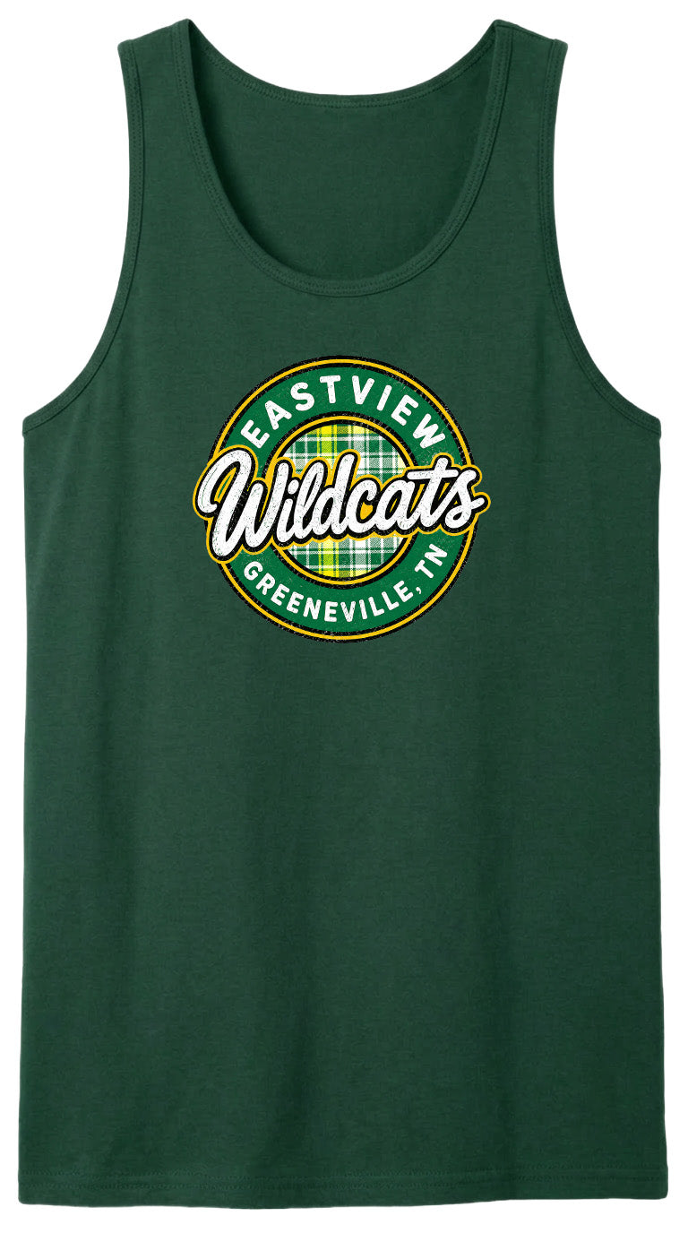 A green tank top with a circular logo that says "EASTVIEW Wildcats Greeneville, TN".