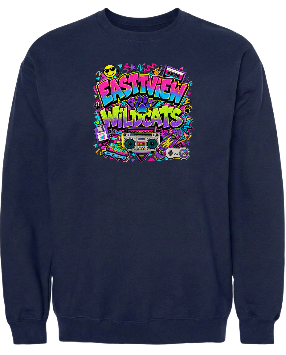 A navy blue sweatshirt with a colorful graphic design featuring the text "EASTVIEW WILDCATS" surrounded by various icons and symbols, such as a boombox, skateboard, and sunglasses.