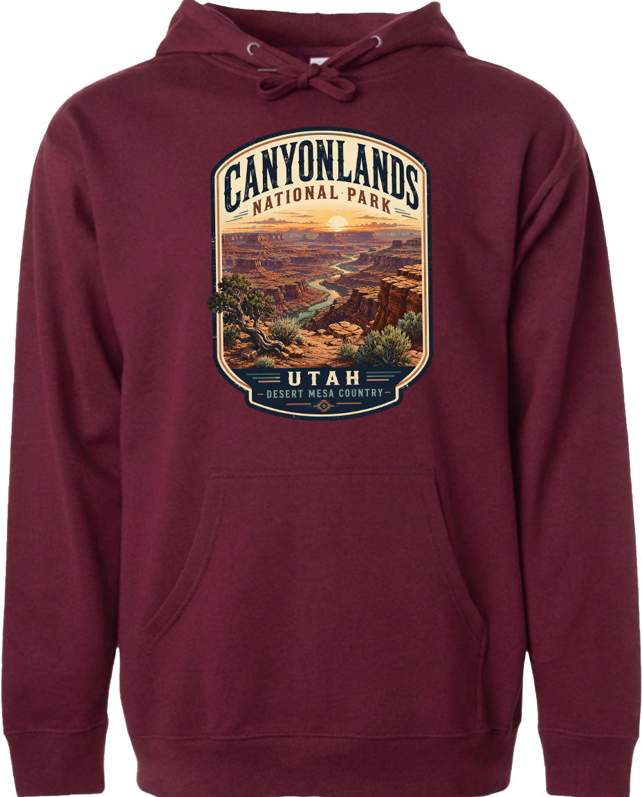 A hoodie with a graphic design depicting the scenic landscape of Canyonlands National Park in Utah.