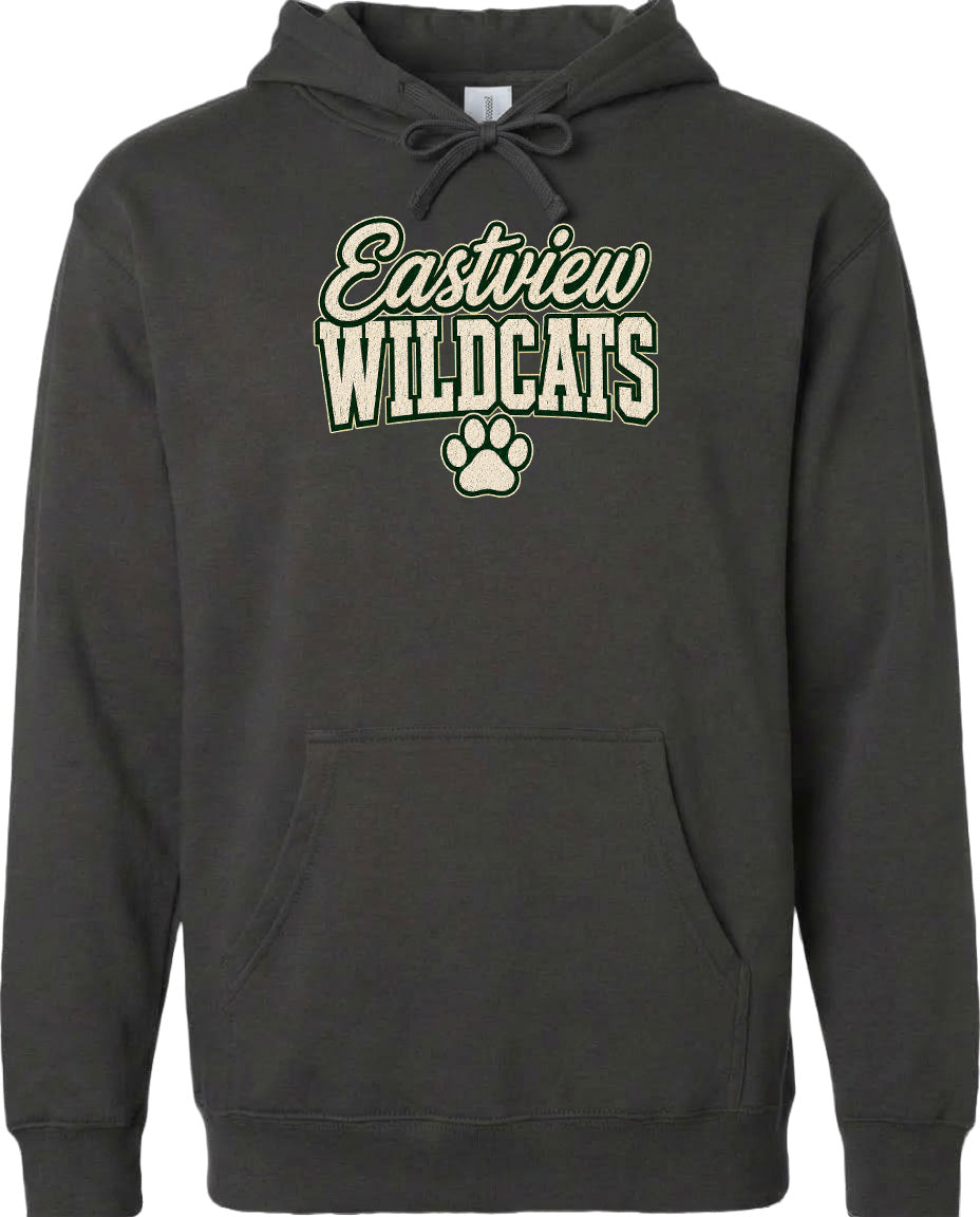 A black hoodie with a graphic design featuring the text "Eastview Wildcats" and a paw print.