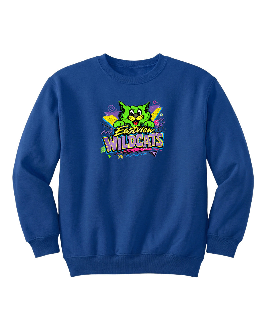 A blue sweatshirt with a colorful graphic of a cartoon cat and the text "EAST VIRGIN WILDCATS" printed on it.
