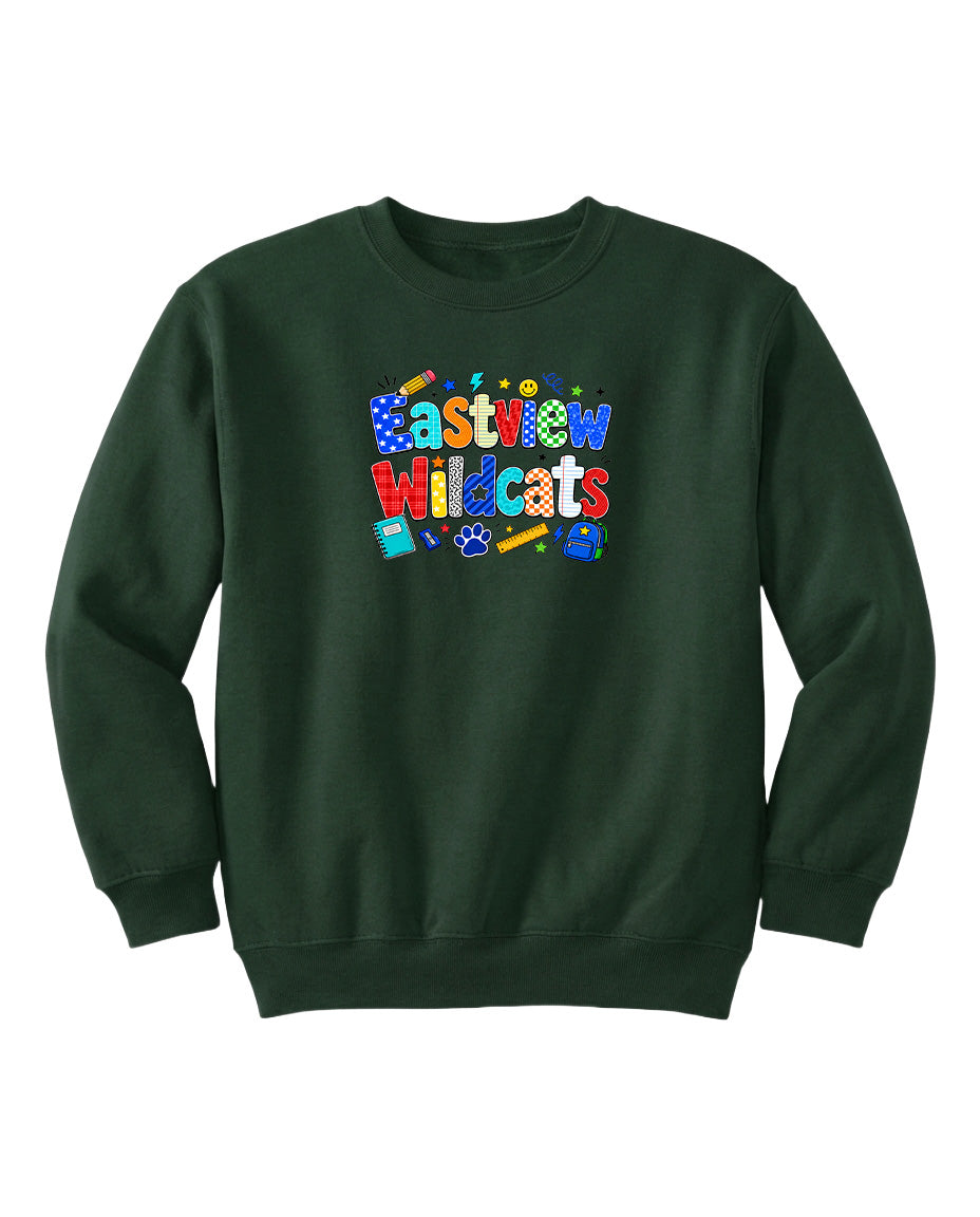 A dark green sweatshirt with a colorful graphic design on the front.