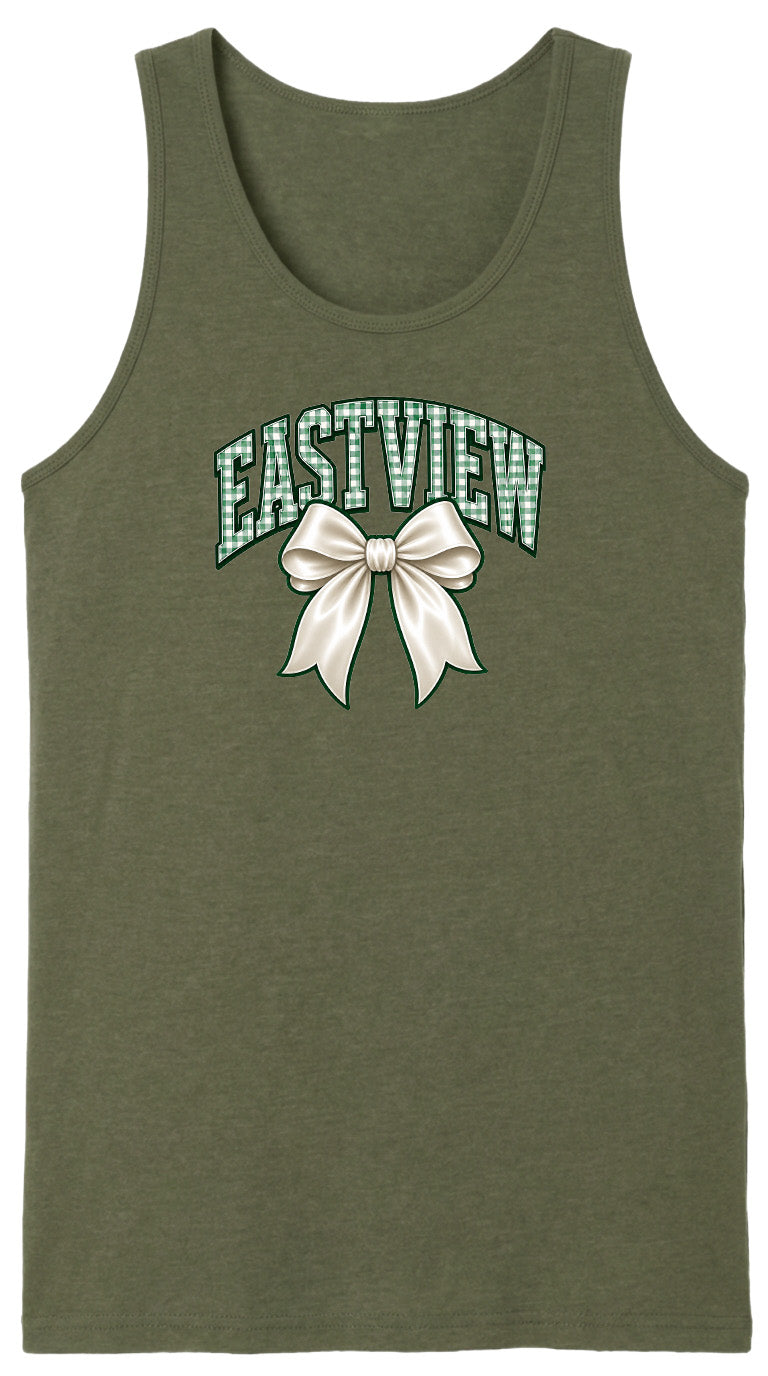 A green tank top with a bow and the word "EASTVIEW" printed on it.