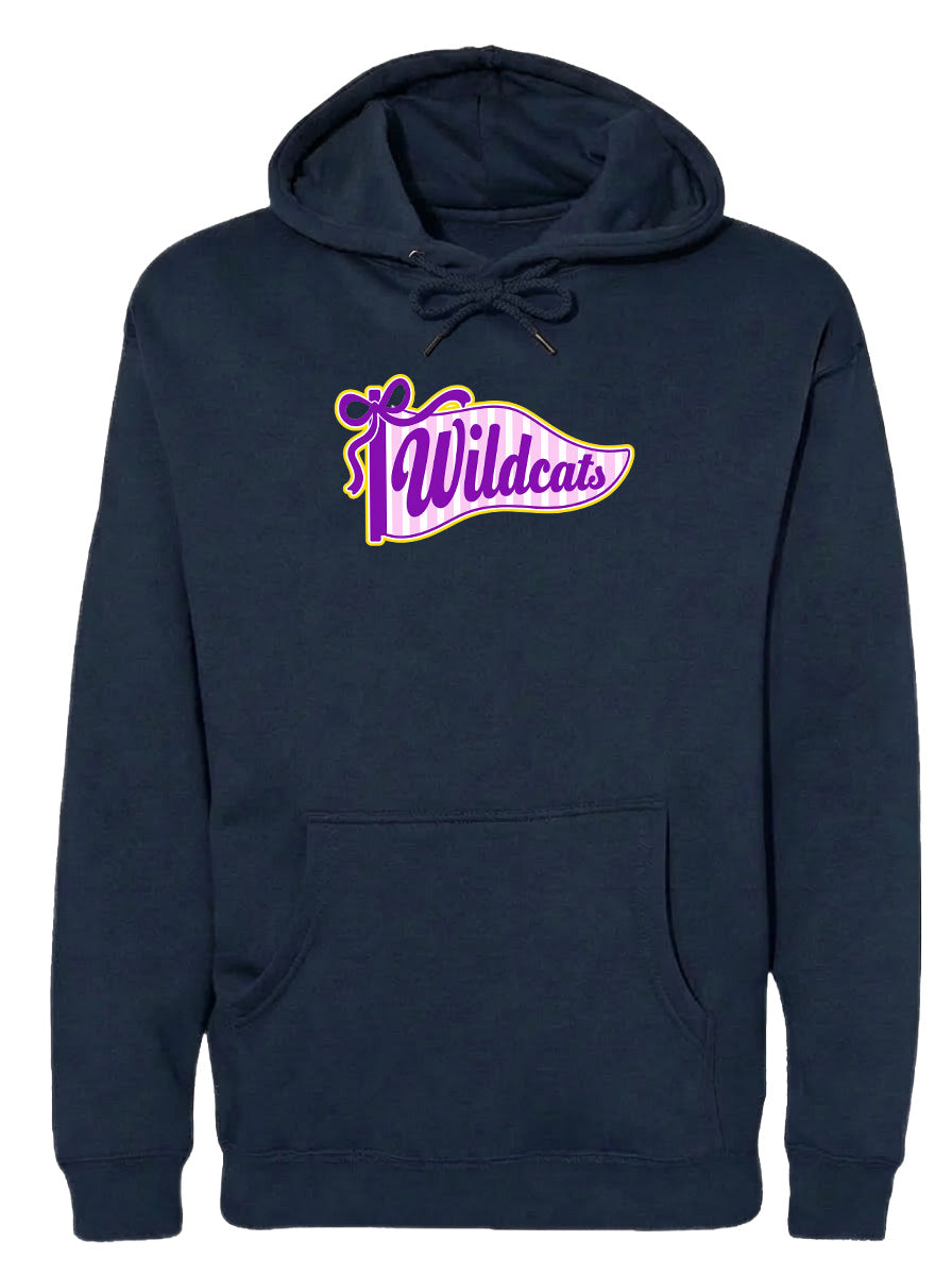A navy blue hoodie with a graphic design featuring the word "Wildcats" in purple and yellow colors.