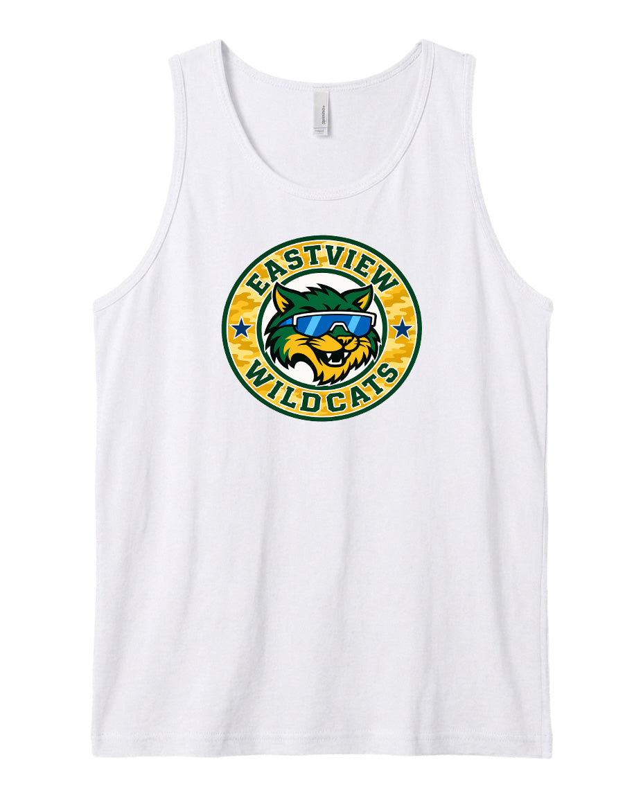 A white tank top with a circular logo featuring a cartoon cat wearing sunglasses and the text "EASTVIEW WILDCATS".
