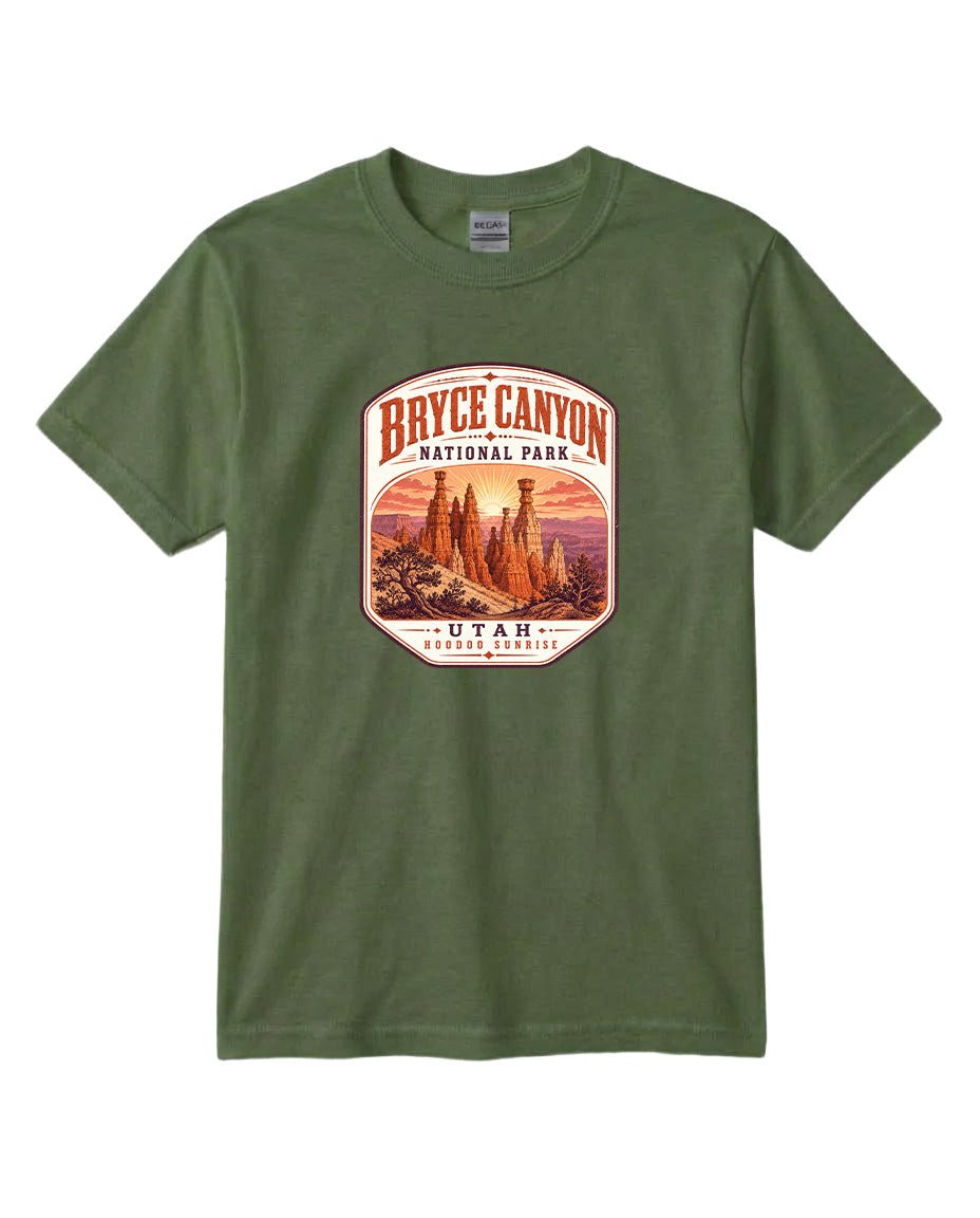 A green t-shirt with a graphic design depicting the Bryce Canyon National Park in Utah.