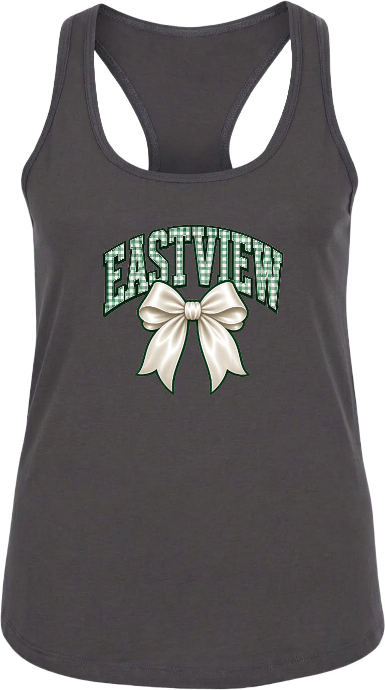 A gray tank top with a green bow and the text "EASTVIEW" printed on it.