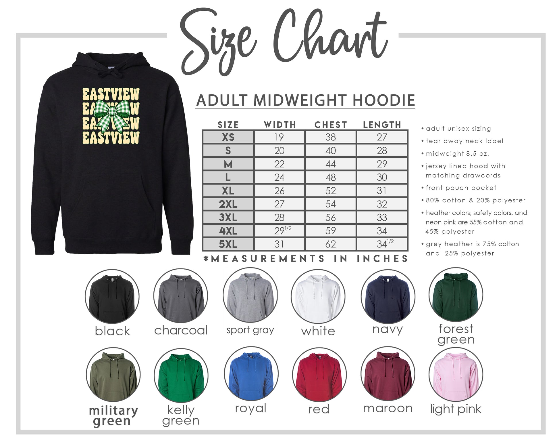 The image is a size chart for an adult midweight hoodie, including various color options and corresponding measurements in inches.
