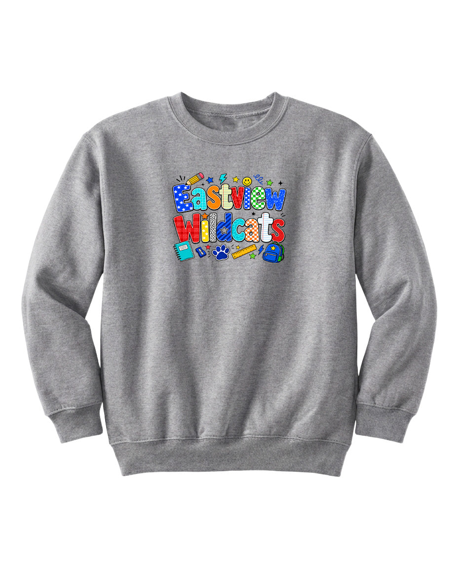A gray sweatshirt with a colorful graphic design on the front.