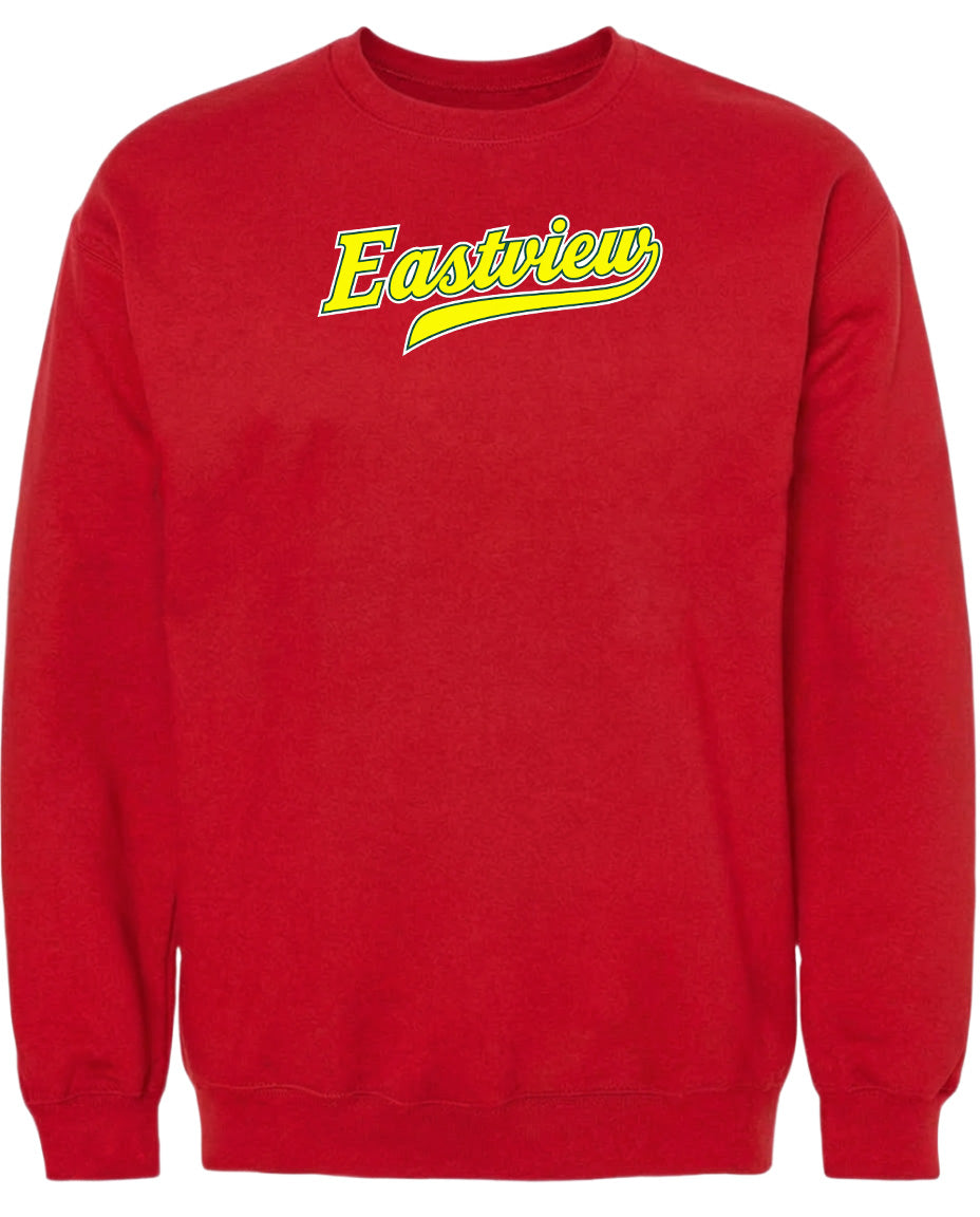 A red sweatshirt with the word "Eastview" printed on it in yellow text.