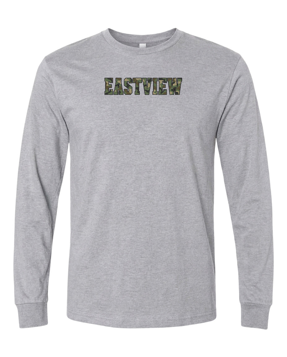 A gray long-sleeved t-shirt with the word "EASTVIEW" printed on it in a camouflage pattern.