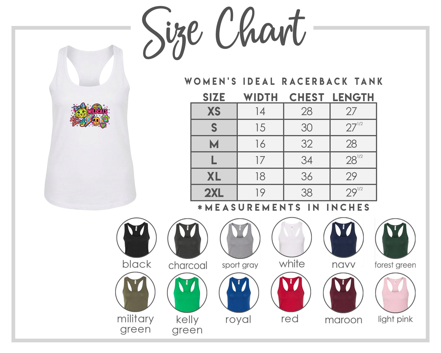 The image is a size chart for a women's ideal racerback tank, including a white tank with a colorful graphic and a table with size and chest length measurements.