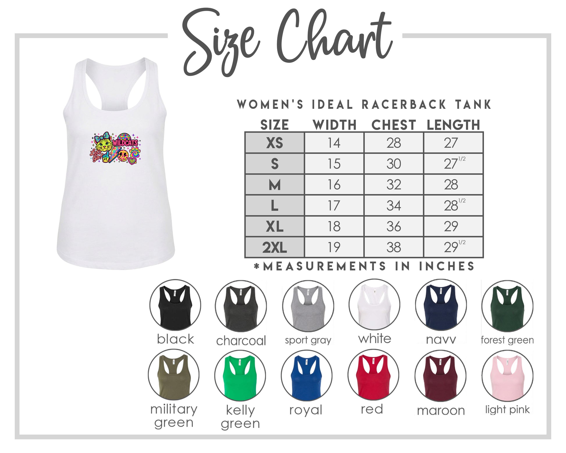 The image is a size chart for a women's ideal racerback tank, including a white tank with a colorful graphic and a table with size and chest length measurements.