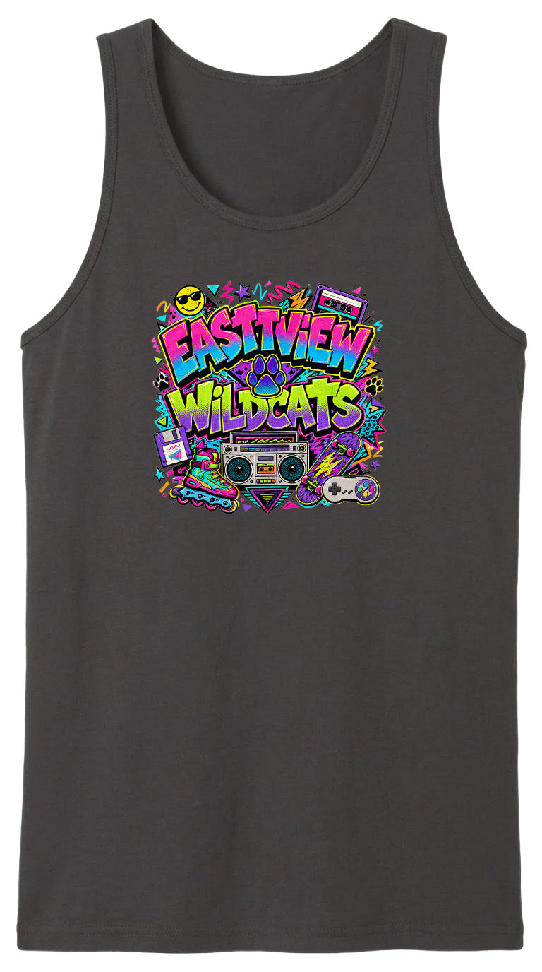 A black tank top with a colorful graphic design featuring the text "EASTVIEW WILDCATS" surrounded by various icons and symbols, such as a boombox, cassette tape, and other retro-style elements.