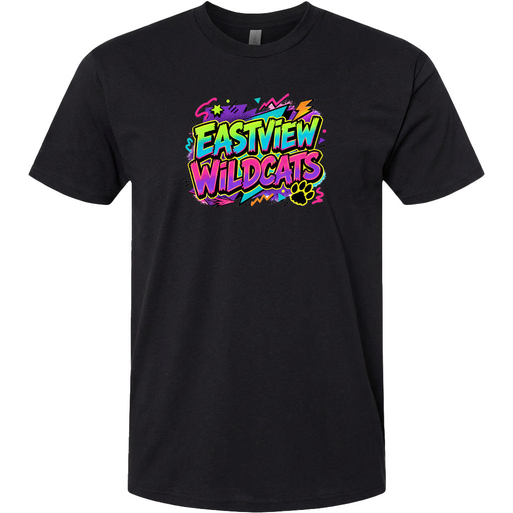 A black t-shirt with a colorful graphic design featuring the text "EASTVIEW WILDCATS" in a vibrant, graffiti-style font.